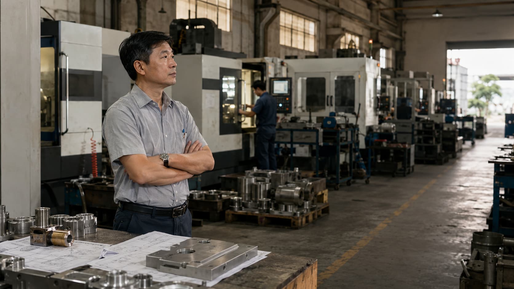 Quản lý xưởng cơ khí phối hợp bản vẽ với đại diện đơn vị thiết kế máy