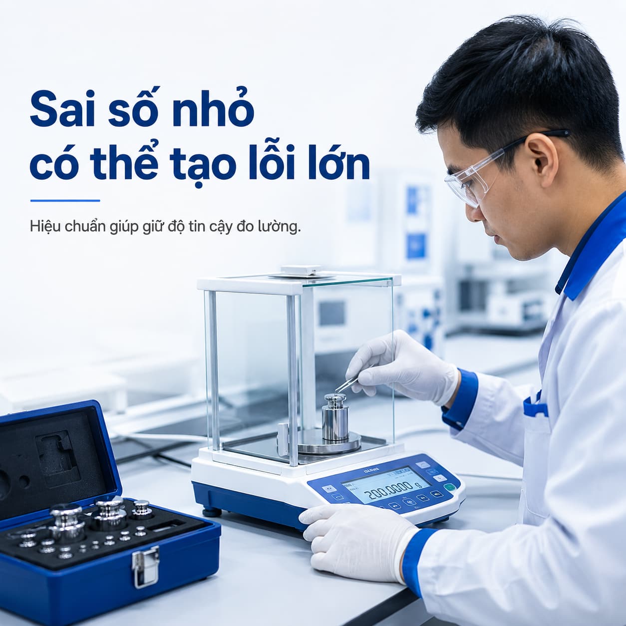 Kỹ thuật viên thực hiện hiệu chuẩn thiết bị đo lường trong phòng lab