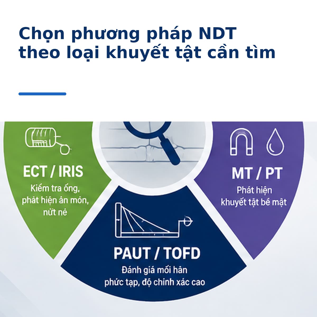 Minh họa lựa chọn phương pháp NDT theo loại khuyết tật với ECT IRIS MT PT PAUT và TOFD