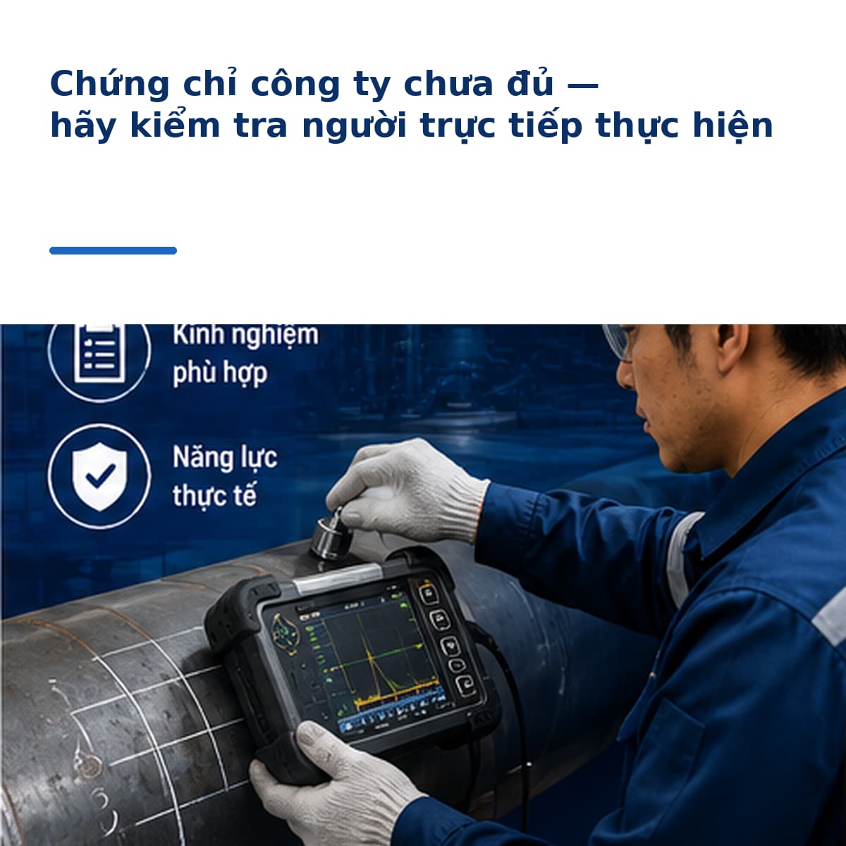 Kỹ thuật viên NDT thực hiện kiểm tra siêu âm trên đường ống công nghiệp