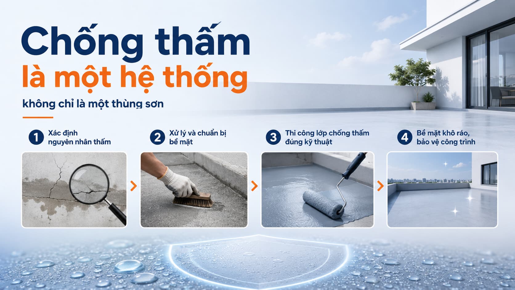 Chống thấm là một hệ thống từ xác định nguyên nhân đến thi công và bảo vệ công trình