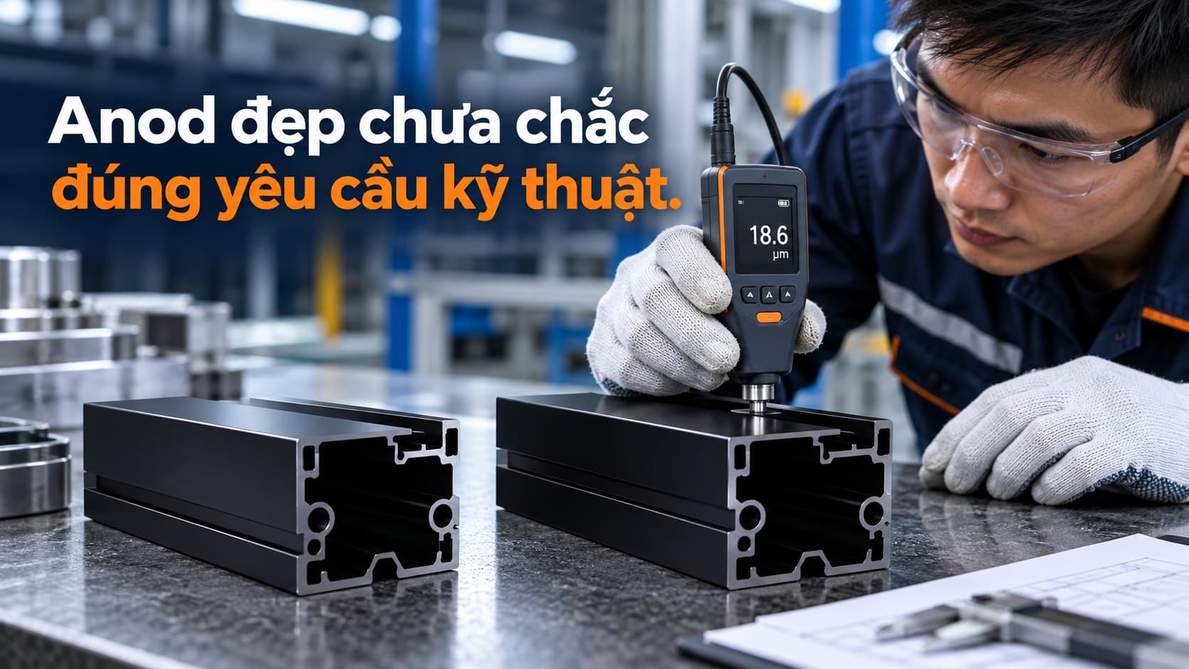 Kỹ thuật viên kiểm tra chiều dày lớp anod trên chi tiết nhôm màu đen