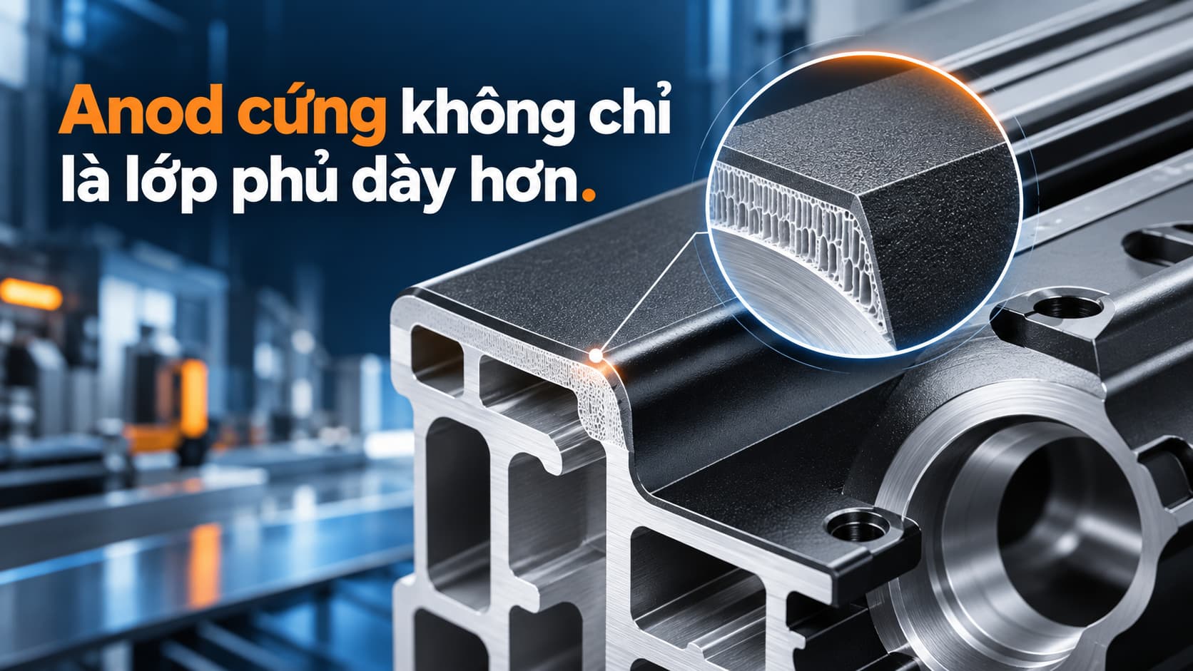 Mặt cắt chi tiết nhôm anod cứng cho thấy cấu trúc lớp oxit trên bề mặt