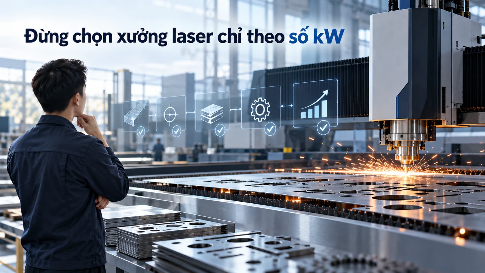 Máy fiber laser CNC đang cắt tấm kim loại trong nhà xưởng