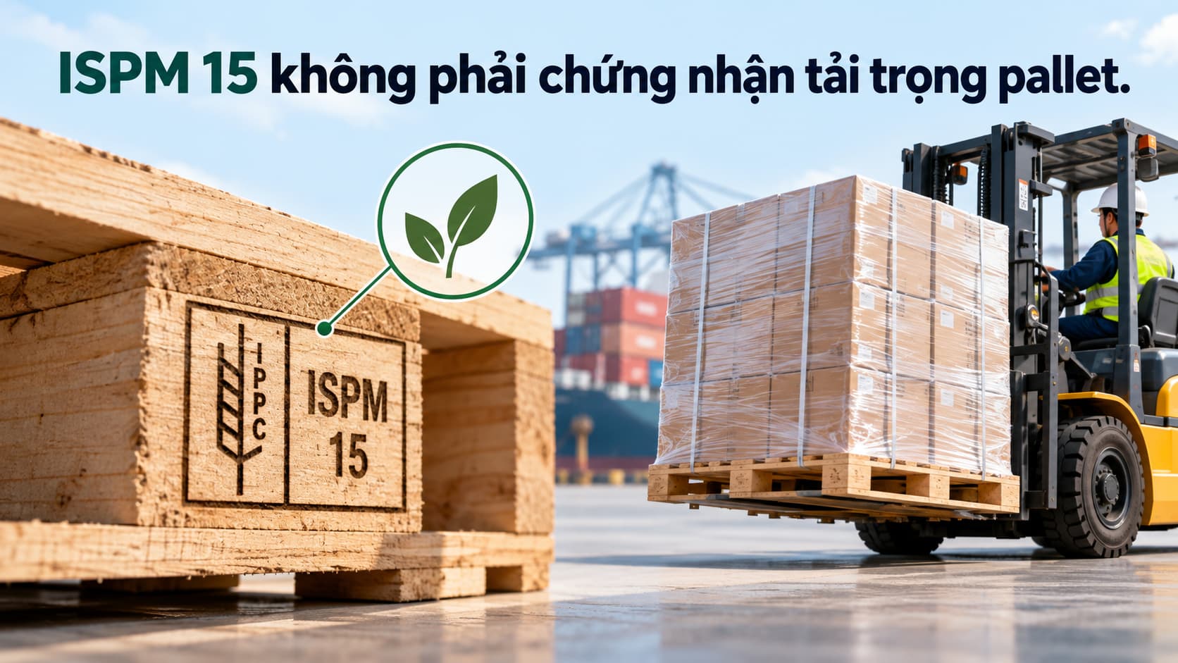 Pallet gỗ có dấu ISPM 15 bên cạnh xe nâng đang vận chuyển hàng