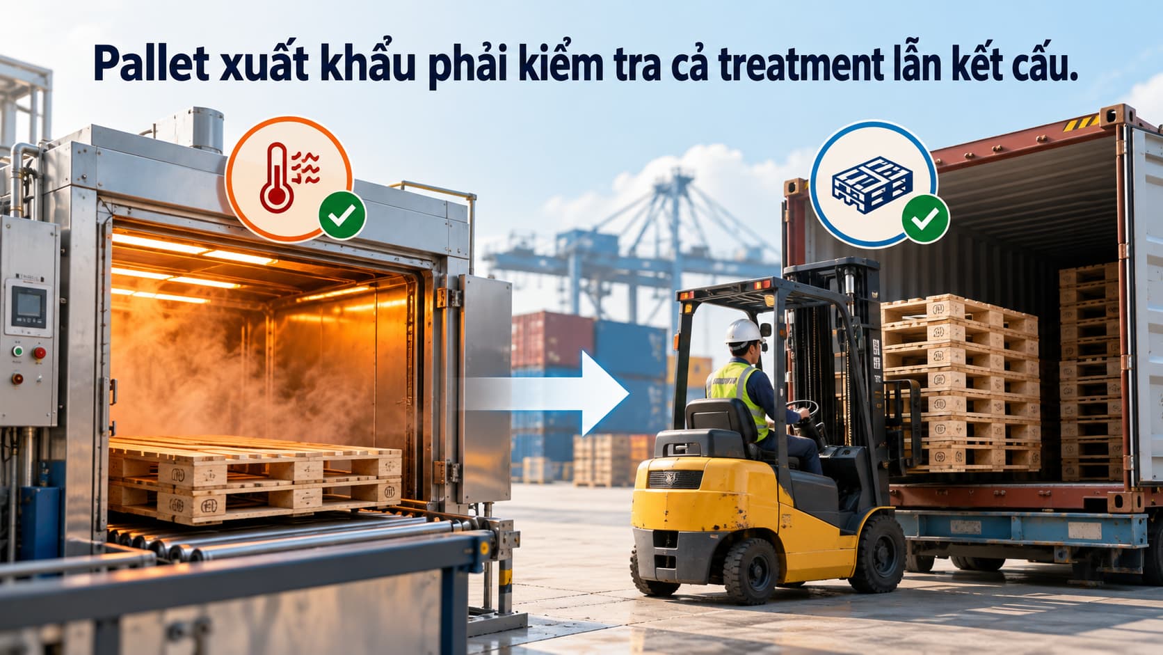Pallet gỗ đi qua xử lý nhiệt và kiểm tra kết cấu trước khi xuất khẩu