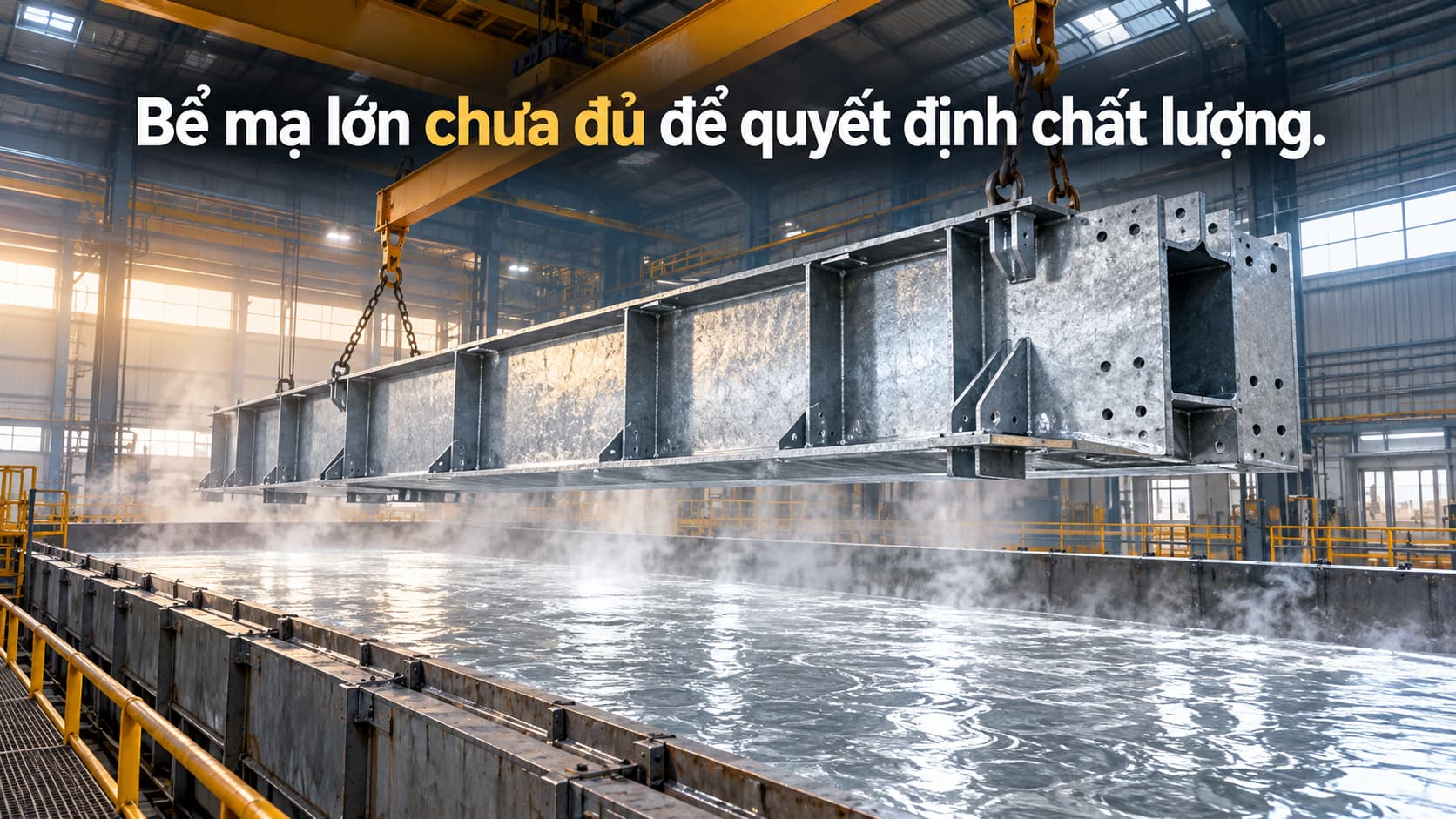 Cấu kiện thép lớn được cẩu trên bể mạ kẽm nhúng nóng