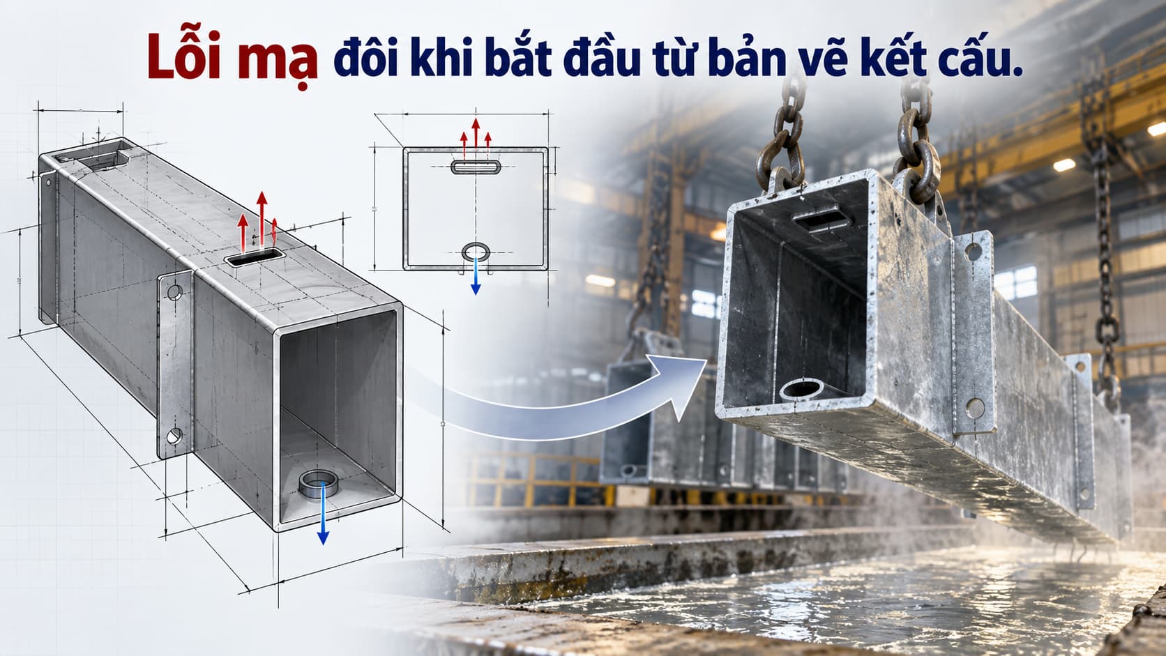 Bản vẽ kết cấu hộp với lỗ thông hơi và thoát kẽm trước khi mạ nhúng nóng