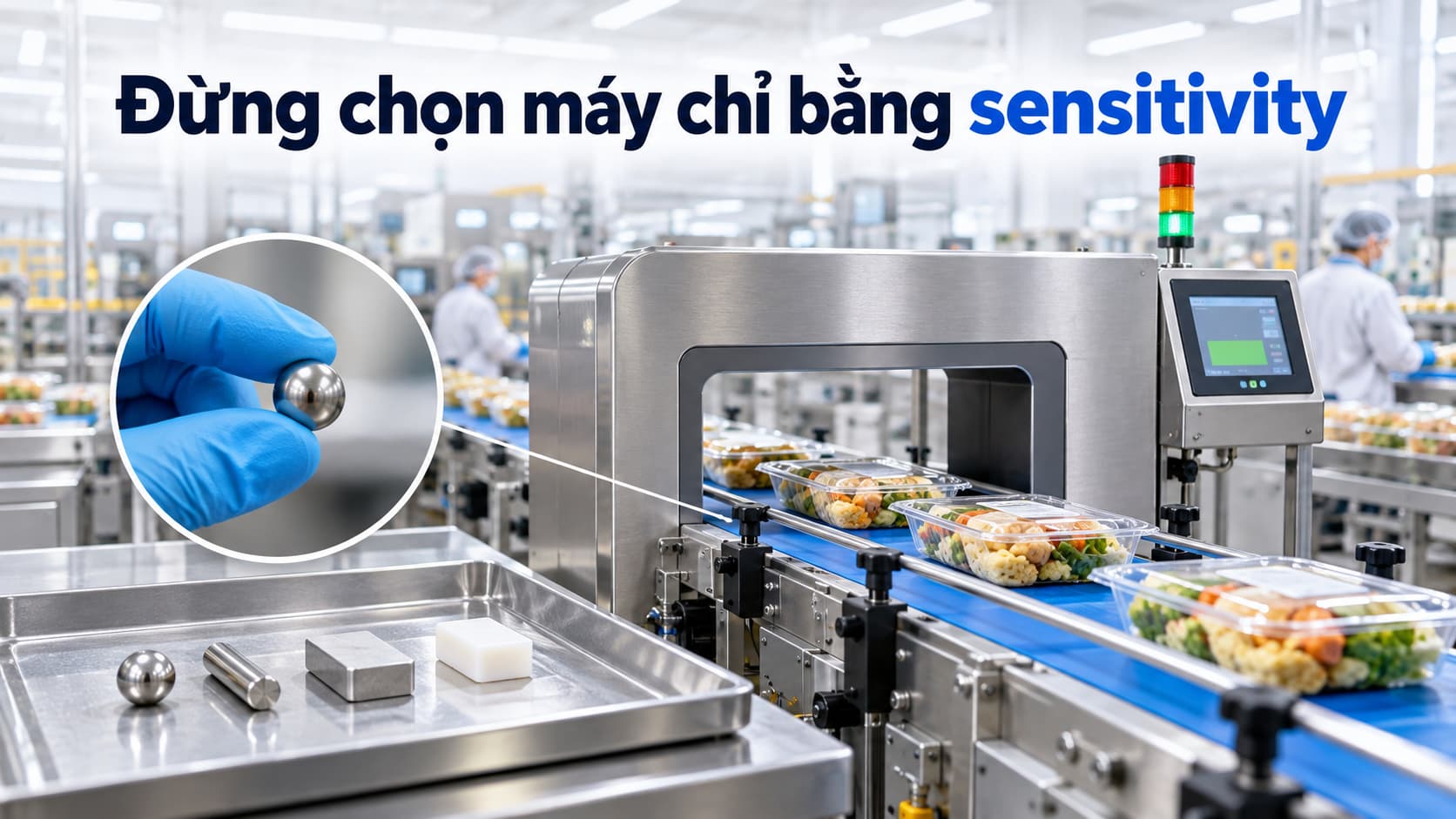 Hệ thống reject tự động loại sản phẩm lỗi sau máy kiểm tra dị vật thực phẩm